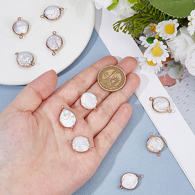 10Pcs Electroplated Natural Keshi Pearl Flat Round Connector Charms PEAR-HS0001-11-1