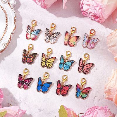 12Pcs 12 Colors Butterfly Alloy Enamel Pendant Decorations HJEW-JM02852-1