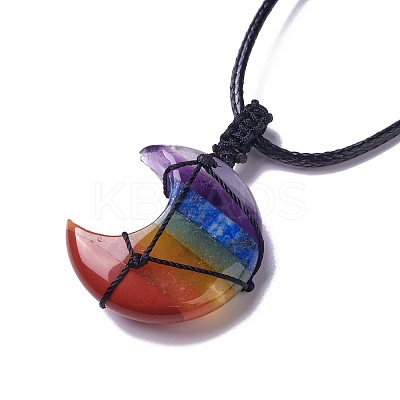 Adjustable Natural Mixed Gemstone Moon Pendant Necklace NJEW-B086-02M-1
