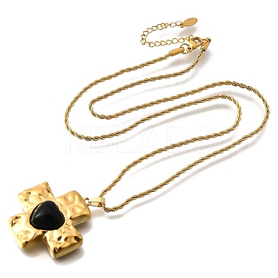 Cross with Heart 304 Stainless Steel Cubic Zirconia Pendant Necklaces NJEW-H070-01G-02-1