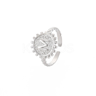 Non-Tarnish 304 Stainless Steel Flat Round with Initial Letter Open Cuff Ring for Men Women RJEW-S405-246P-M-1