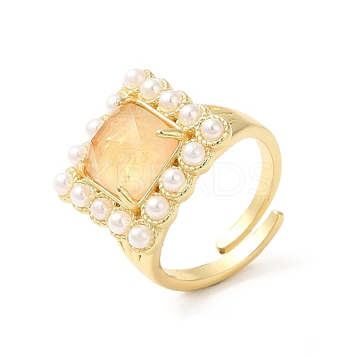 Ion Plating(IP) Natural Mixed Gemstone Square Adjustable Ring with Plastic Pearl Beaded RJEW-E075-04G-1