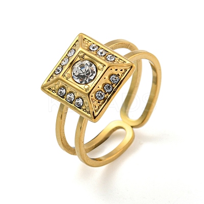 Ion Plating(IP) 304 Stainless Steel Rhinestone Square Finger Rings for Women Men STAS-Z060-01G-1