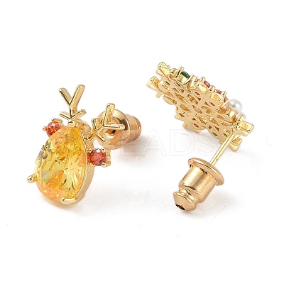 Christmas Snowflake & Deer Brass Pave Colorful Cubic Zirconia & Plastic Pearl Asymmetrical Stud Earrings for Women EJEW-M257-02G-1