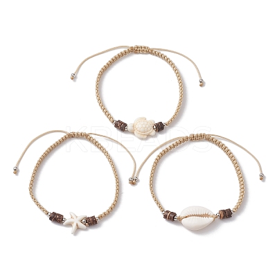 3Pcs 3 Styles Turtle & Starfish Dyed Synthetic Turquoise & Cowrie Shell Braided Bead Bracelet Sets BJEW-JB10281-1
