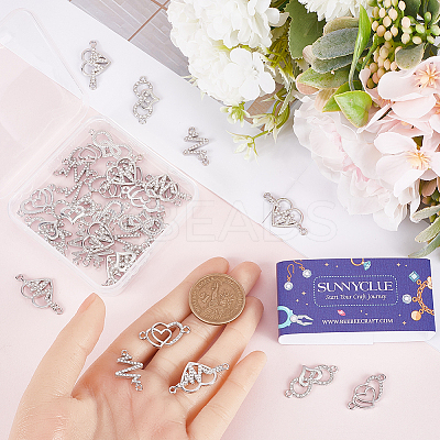 40Pcs 4 Styles Heart Theme Alloy Rhinestone & Cubic Zirconia Connector Charms RB-SC0001-11-1
