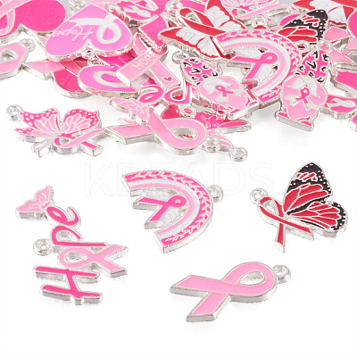 26Pcs 13 Styles Breast Cancer Pink Awareness Ribbon Theme Alloy Enamel Pendants ENAM-TA0001-93-1