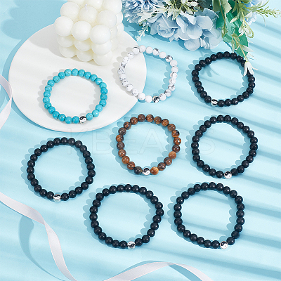 4 Sets 4 Style Natural & Synthetic Mixed Gemstone & Glass Round Beaded Stretch Bracelets Set BJEW-AN0001-50-1