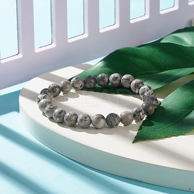 Natural Map Stone/Picasso Stone/Picasso Jasper Round Beaded Stretch Bracelet BJEW-JB07874-1