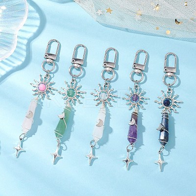 5Pcs Bullet Natural Lapis Lazuli & Green Aventurine & Amethyst & Quartz Crystal & Rose Quartz & Yellow Jade Pendant Decoration HJEW-JM03056-1
