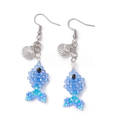 Fish with Shell Shape 304 Stainless Steel Glass Beads Dangle Earrings EJEW-MZ00436-04-1