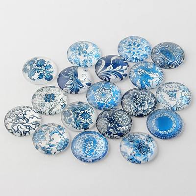 Blue and White Floral Printed Glass Cabochons GGLA-A002-10mm-XX-1