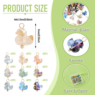 45Pcs 9 Colors Duck Glass Pendants. with Brass Loop PALLOY-TAC0257-1