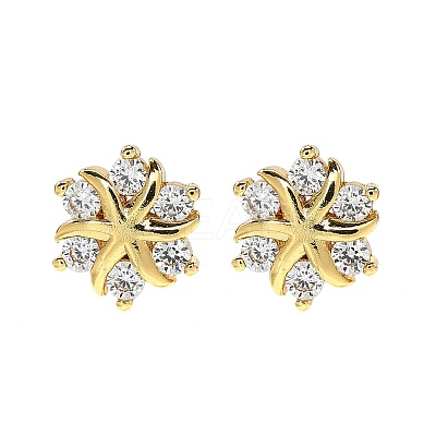 Flower Brass Micro Pave Clear Cubic Zirconin Stud Earrings EJEW-D318-10G-1