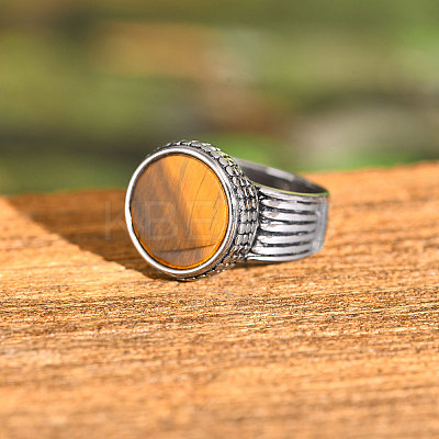 304 Stainless Steel with Natural Tiger Eye Finger Rings for Men FS-WGE1297-02-1