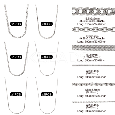 6Pcs 6 Styles Stainless Steel Cable & Snake & Rope & Box Chain Necklaces Set for Men Women NJEW-TA0001-14-1