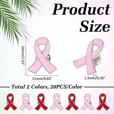 40Pcs 2 Colors AIDS/Breast Cancer Awareness Ribbon Enamel Pins JEWB-ME0001-23-1