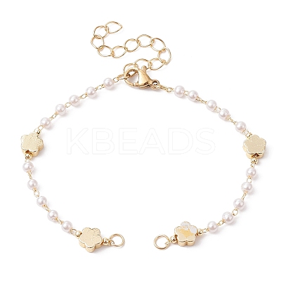 Imitation Pearl & Flower Brass Link Chain Bracelet Making AJEW-JB01150-35-1