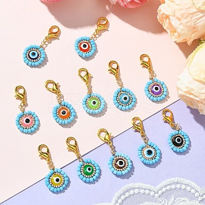 12Pcs 12 Colors Flat Round with Evil Eye Resin & Glass Seed Pendant Decorations HJEW-MZ00094-1