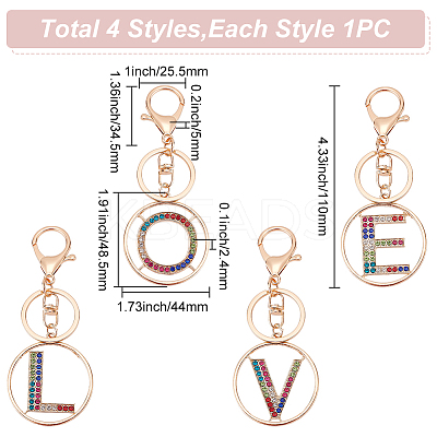 4Pcs 4 Styles Alloy Colorful Rhinestone Keychain KEYC-WR0001-27-1