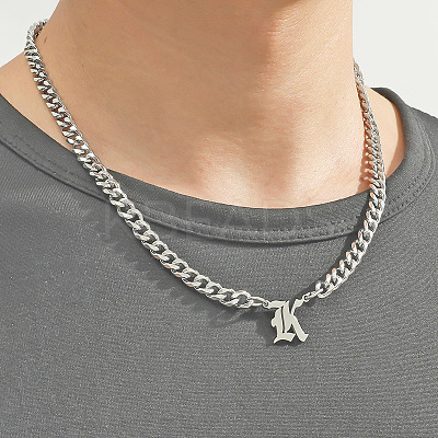 304 Stainless Steel Initial Pendant Cuban Link Chain Necklaces FS-WGB15F2-07-1
