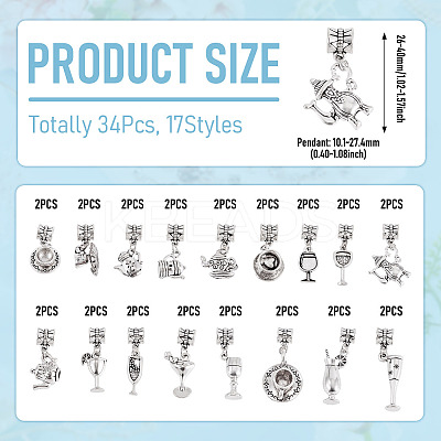 34Pcs 17 Styles Alloy European Dangle Charms PALLOY-TAC0263-1