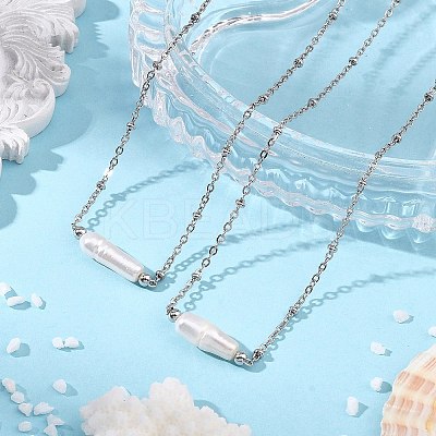 Natural Baroque Keshi Pearl Column Pendant 304 Stainless Steel Satellite Chain Necklaces NJEW-JN06338-02-1
