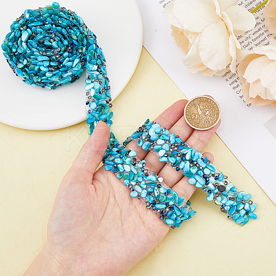 Natural Chip Gemstone & Plastic Beaded Ribbon Trim FIND-WH0421-56B-1