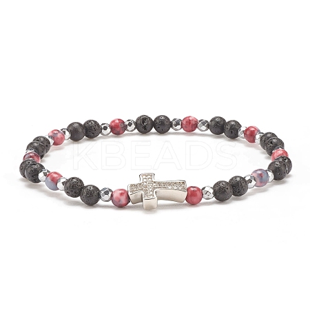 Natural & Synthetic Mixed Gemstone Beaded Stretch Bracelet with Clear Cubic Zirconia Cross for Women BJEW-JB08247-01-1