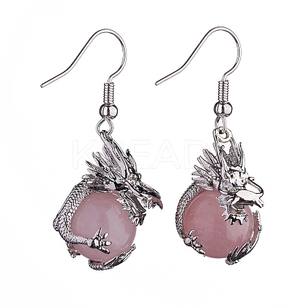 Natural Rose Quartz Dragon Dangle Earrings EJEW-A092-06P-08-1