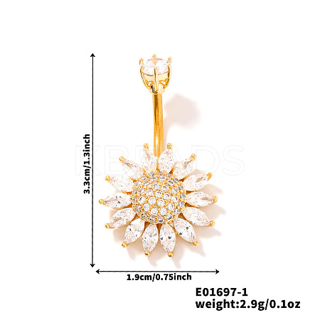 Chic Flower Brass Full Crystal Rhinestone Curved Barbell Belly Button Rings with Shiny Delicate Design YW9589-1-1