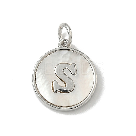 Brass Pave Natural Shell Flat Round with Letter Charms KK-Z115-13P-S-1