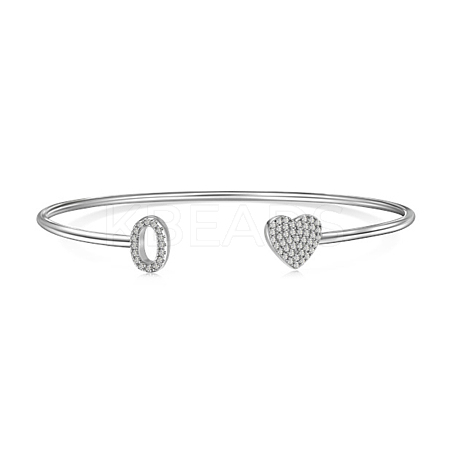 Anti-Tarnish Heart & Letter Rhodium Plated 925 Sterling Silver Micro Pave Cubic Zirconia Cuff Bangles for Women BJEW-C062-01O-P-1