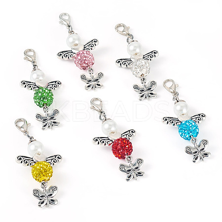 6Pcs 6 Colors Angel & Butterfly Alloy Beaded & Polymer Clay Pave Rhinestone Beaded Pendant Decoration HJEW-TA00339-1