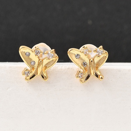 Brass Micro Pave Clear Cubic Zirconia Butterfly Stud Earrings EJEW-C158-16B-G-1