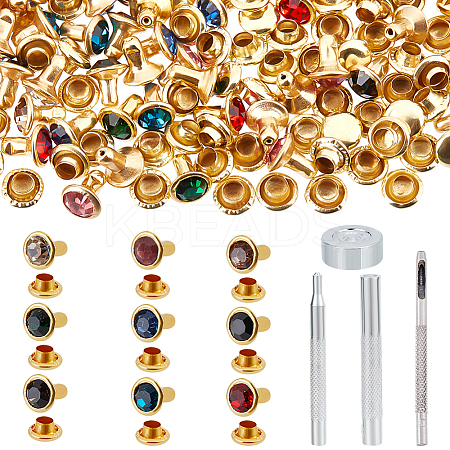  90Pcs Round Brass Semi-Tublar Rivets with Rhinestone DIY-NB0010-29-1