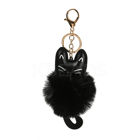 Cute Cat PU Leather & Imitate Rex Rabbit Fur Ball Keychain LS-KEYC-C005-01C-1