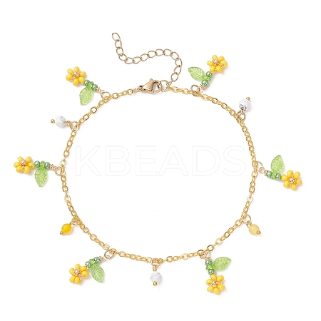 Faceted Round Natural Howlite & Glass Seed Beaded Flower Tassel Brass Cable Chain Anklets for Women AJEW-MZ00007-01-1