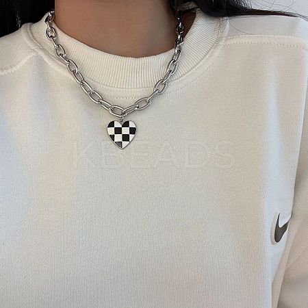 Black and White Checkered Heart Alloy Enamel Pendant Necklaces for Women FS-WGFAE52-01-1