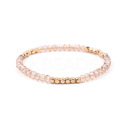 Gold-tone Miyuki Elastic Crystal Beaded Bracelet with Acrylic Tube Beads ST6874817-1