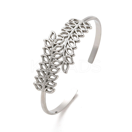 Non-Tarnish Hollow Out 304 Stainless Steel Leaf Cuff Bangles BJEW-G694-07P-1