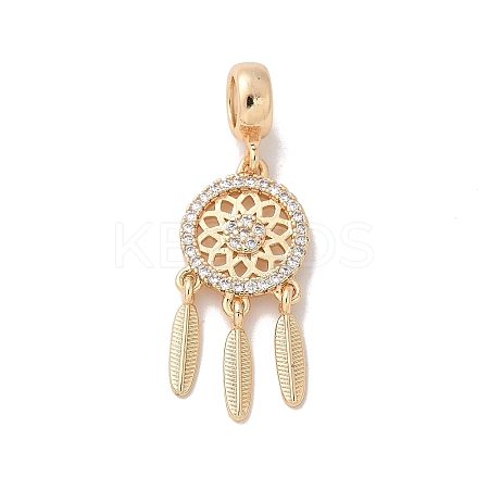 Brass Micro Pave Clear Cubic Zirconia Woven Web/Net with Feather European Dangle Charms LS-KK-A244-04G-1