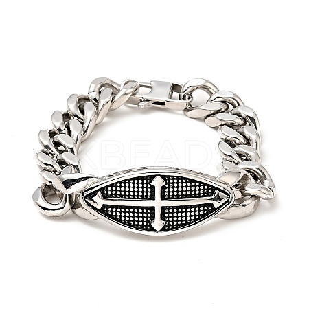 304 Stainless Steel Rhombus with Cross Link Bracelet with Curb Chains for Men Women BJEW-E009-21P-1