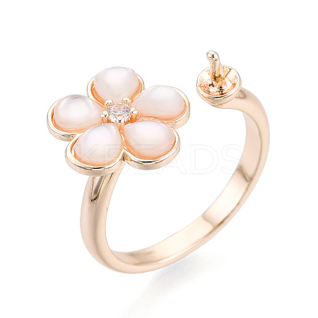 Flower Brass Micro Pave Clear Cubic Zirconia & Shell Cuff Ring Settings KK-T076-75G-1