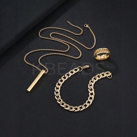 Alloy Cuboid Pendant Necklaces & Curb Chain Bracelets & Rings Sets FS-WG20982-03-1