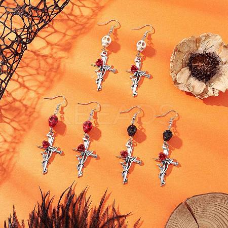 3 Pairs 3 Colors Hallowmas Alloy Dyed Synthetic Turquoise Dangle Earrings EJEW-JE06484-1