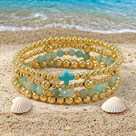 5Pcs 5 Styles Handmade Brass & Natural Amazonite & Glass Beads Stretch Bracelet Set OI0028-5-1