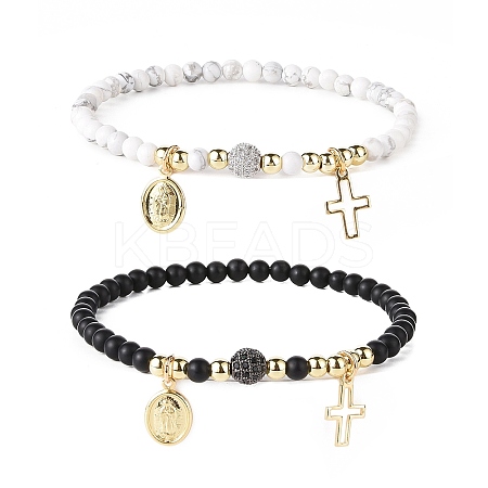 Natural Howlite & Dyed & Heated Black Agate Beaded Bracelets Sets BJEW-JB09045-1