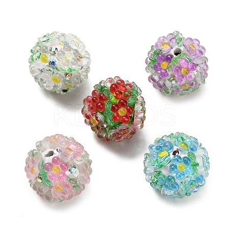 Flower with Round Polymer Clay Rhinestone Beads RESI-Z045-08-1