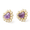 Ion Plating(IP) Natural Amethyst Heart Stud Earrings with Plastic Pearl Beaded EJEW-E599-02G-02-3